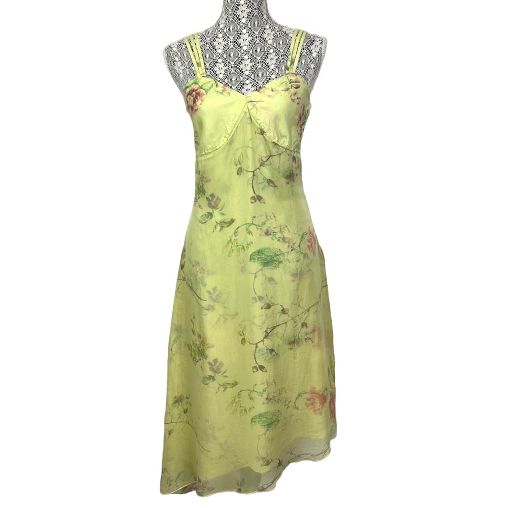 Rangoon chartreuse silk slip dress asymmetrical hem